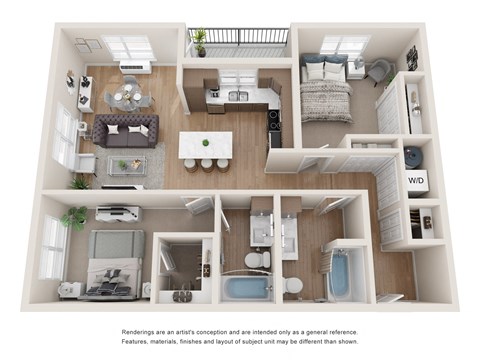Floor plan for 2 beds, 2 baths, 1019 sqft